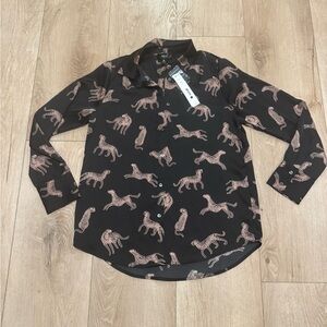 Bloomingdale's Aqua Black Shirt with gold Leopard Design